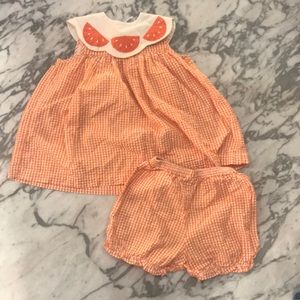 Orange gingham dress and knee bloomers